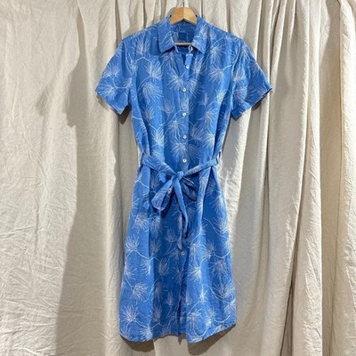 120% Lino Blue Embroidered Linen Shirt Dress Short Sleeve Midi IT 46/ US M/L