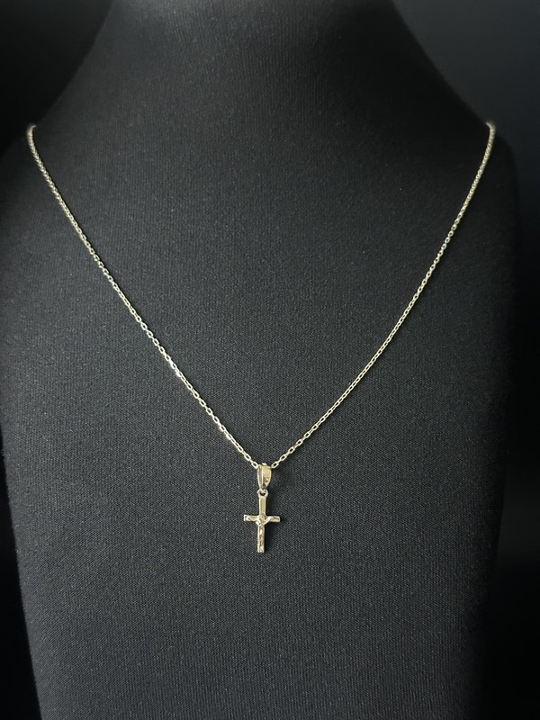 14K Gold Jesus Cross Necklace Set 1.92g - 18" Forze Chain - Solid 585 Real Gold
