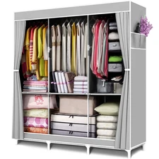 Portable Closet Organizer 3 Rods 6 Shelves Grey Easy Assemble Wardrobe Storage