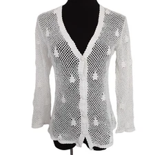 Vintage 80s Fishermen Net Crochet Cardigan Sweater White 100% Cotton Sheer Boho