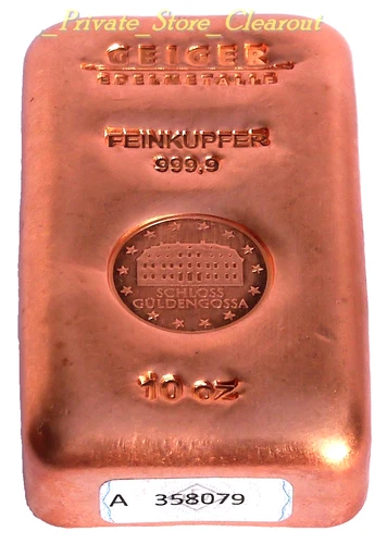 Geiger 999,9% Feinkupfer 10 OZ Copper Bar Schloss Guldengossa Graded Bullion Bar