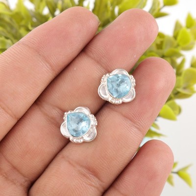 925 Sterling Silver Sky Blue Topaz Stone December Birth Boho New Stud Earrings