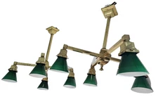ANTIQUE MISSION CHANDELIERS 4 ARMS BRASS EMERALD GREEN SHADES ELECTRIC LIGHT