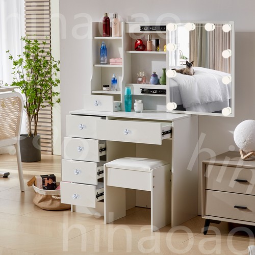 Vanity Set 10 LED Lights with 3 Colors Mirror Dressing Table Makeup Desk Drawer - Picture 5 of 11