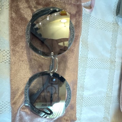Miu Miu Round Oversized Women's Sunglasses Black Glitter Frame Gray Gradient Le 