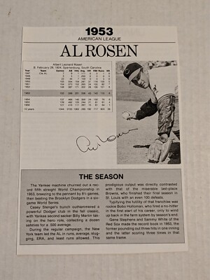 Al Rosen AUTOGRAPH signed on: MLB Stat Sheet with 1987 Return Postage Envelope