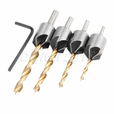 4Pcs 5 Flute Drill Bit Set Cutter Durable 3-6mm Countersink Woodworking Chamfer