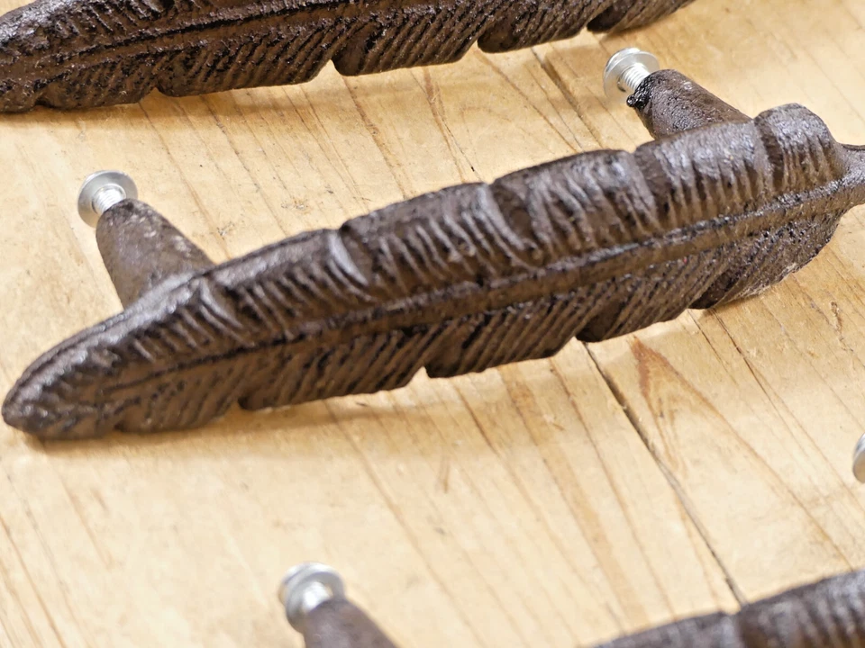 12 Drawer Pulls W/ Screws Handles Knobs Rustic Feather Cast Iron Kitchen Cabinet - Image 4 of 4