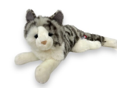 Douglas Cuddle Toy Rag-doll Gray & White Striped Cat Laying Down 18'' Realistic