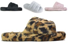 Ladies Fur Fluffy Sliders Womens Comfort Slip on Wide Fit Slippers UK Sizes 5-9