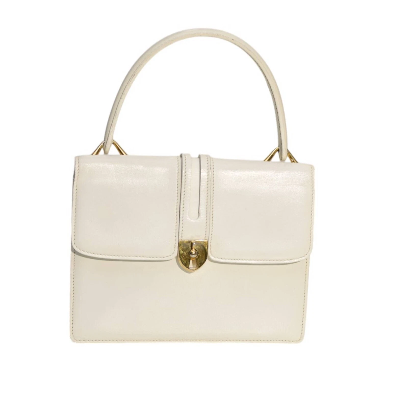 Sac à main GUCCI cuir blanc ton or fermeture torsadée poignée supérieure vintage grab bag