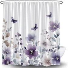 Purple Floral Shower Curtain Lilac Watercolor Flower Butterfly Spring