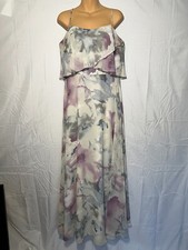 Mori Lee Designer Floor Length Maxi Dress Sz 14 Gray with Purple and Blue Floral