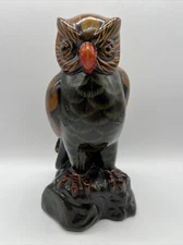Vtg Pottery Handpainted Redware 8" Grn/Brn Owl Figurine Statue Glass Eyes