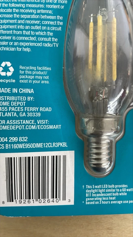 3-Pack EcoSmart 60-Watt LED Daylight B-11 Candelabra Base Bulbs - Image 3 of 4