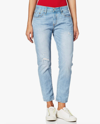Levi's Women 501 Taper Mid Rise Relaxed Button Distress Stonewash