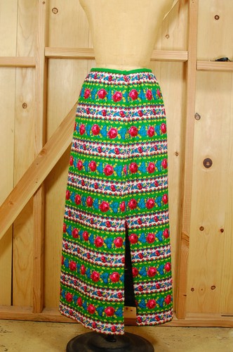 Vintage 1960s Green Floral Print New Visions Quilted Hostess Hippie Maxi Skirt S - Picture 9 of 14