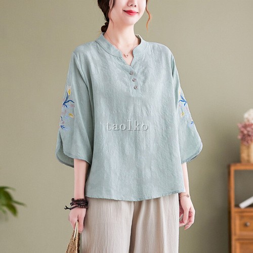Women 3/4 Sleeve T Shirt Floral Embroidery Cotton Linen Blend Top Loose Fit Thin - Picture 7 of 27