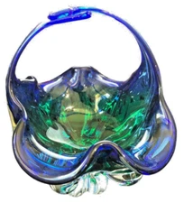 Royal Gallery Blue Green Czech Republic Glass Basket Vintage Glass Candies