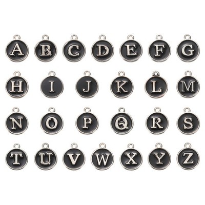 Alphabet A-Z Enamel Letter Charm Enamel Initial Charm Silver Black, 52pcs