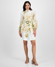Tahari Women's Mandarin-Collar Belted Long-Sleeve Dress - Ivory Fern Size 6