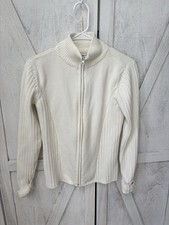 Tommy Hilfiger Cable Knit Cardigan Sweater Women s Large Full Zip Cream Preppy