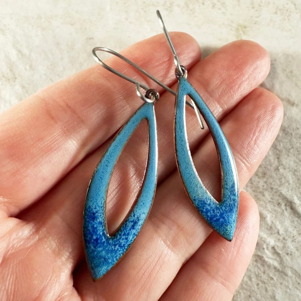 Blue Long Open Oval Enamel Earrings Handmade Enameled Copper Jewelry USA - Image 3 of 4