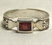 Sterling Silver & Vivid Red Garnet Replica of a Medieval Religious Ring (Size S)