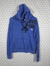 Victorias Secret Pink Vintage LOVE Full Zip Blue Hoodie Jacket Dog Logo MEDIUM