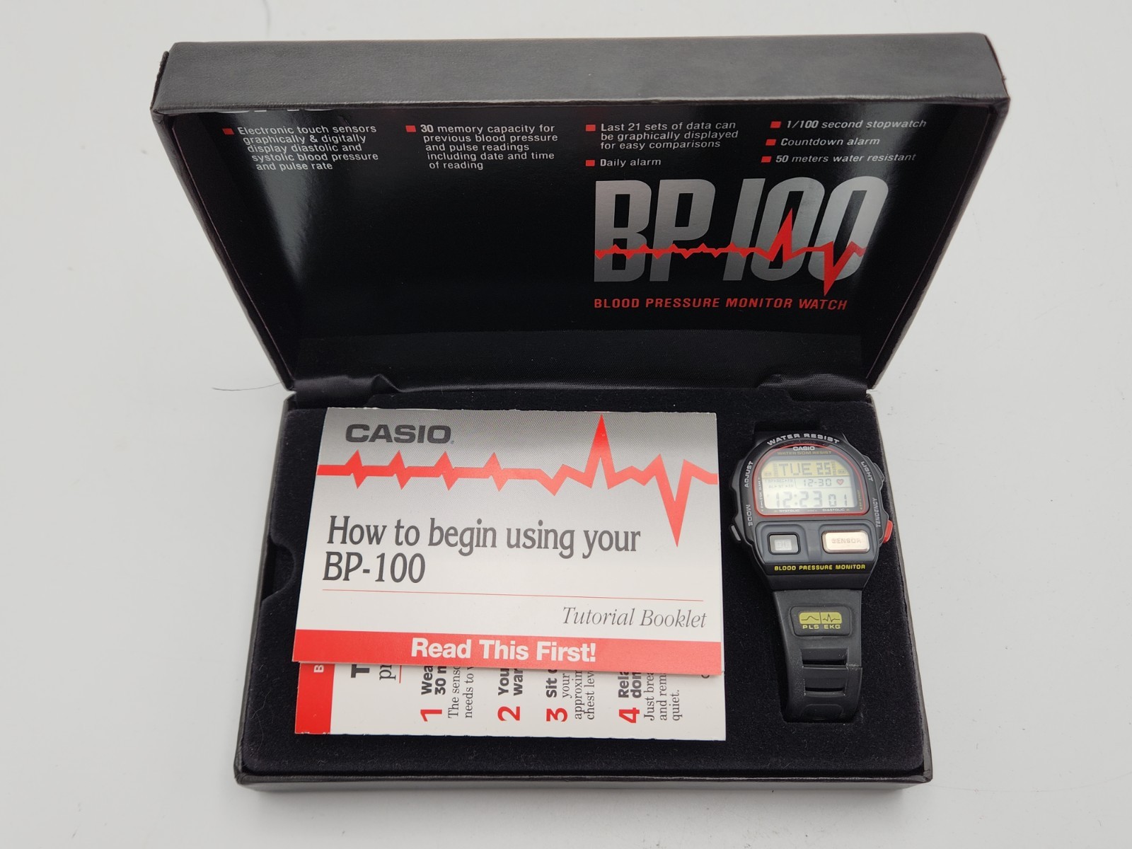 Casio BP-100 Blood Pressure Monitor Watch w/ Box & Manual *Deteriorated Strap*