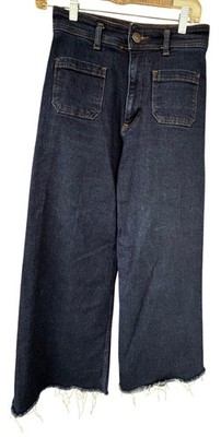 Zara Size 6 High Rise Wide Leg Patch Pocket Sailor Jeans Dark Indigo Raw Hem 