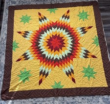 Vintage Hand Made Fall Inspired Lone Star Quilt With Maple Leaf Stitching 87x87