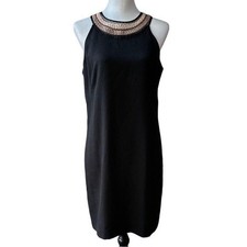 Ann Taylor Petite Embroidered Halter Shift Dress Black Women 10P