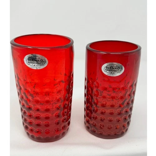 Blenko Handcraft Ruby Red Hobnail Glass Tumbler Vase Set of 2 6 Inch
