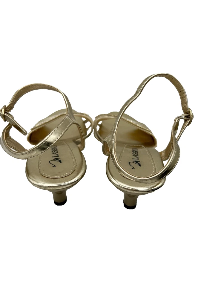 La Sonia Women’s Gold Strappy Dress Sandals Rhinestones Heels Size 8 1/2 - Image 2 of 4