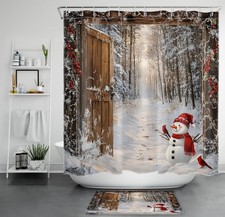 Vintage Rustic Barn Door Snowman Christmas Shower Curtain Set for Bathroom Decor
