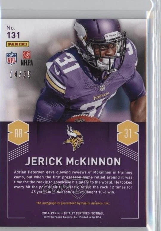 2014 Totally Certified Rookie Signatures Mirror Red /25 Jerick McKinnon Auto RC - Image 2 of 2