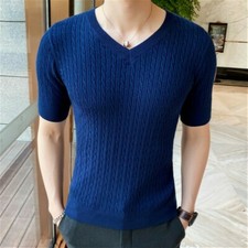 Mens Knitted Vest V-Neck Short Sleeve Cardigans Sweater Plain Stretch Jumper