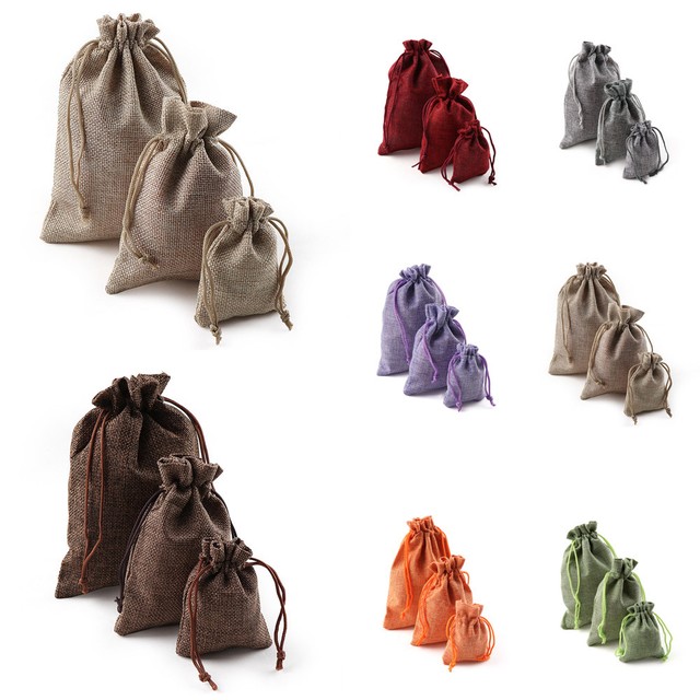 100xSmall Bag Natural Linen Pouch Drawstring Burlap Jute Sack Jewelry Gift Bags