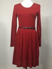 New KENSIE Hot Mama Red Sweater Dress Long Sleeve Cable Knit Size Medium Belt