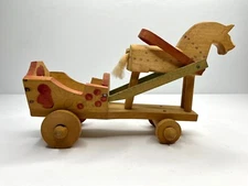Vintage Russian Folk Art Handmade Wooden Horse in Harness with Cart on Wheels