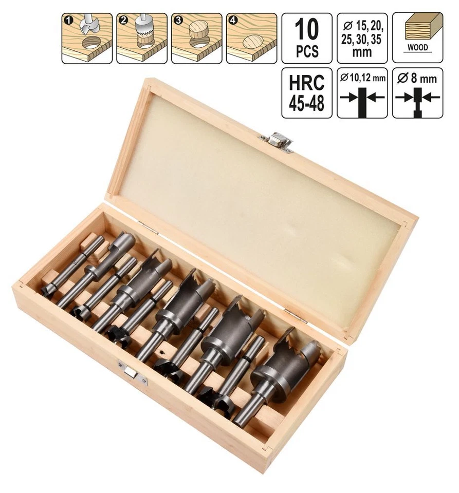 Forstnerbohrer 15-35mm Zapfenschneider Topfbohrer Ausbohr- u. Auffüllsatz 10Tlg  - Bild 2 von 4