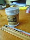 Vintage Musterole jar- milk glass- paper label- embossed on top & base