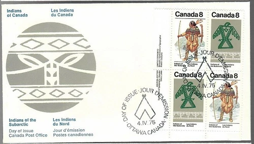 Canada 1975 FDC: 8¢ LL Plate Block - Indians of the Subarctic OFDC - Sc #576-77