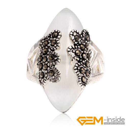 Natural Jade Agate Gemstone Beads Rings Olivary Tibetan Silver Women Gift #6-#10 - Picture 39 of 43