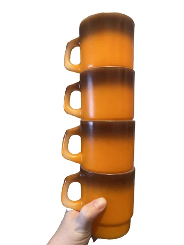 FIRE KING Anchor Hocking Ware Stackable Coffee Mug Retro ORANGE & BROWN