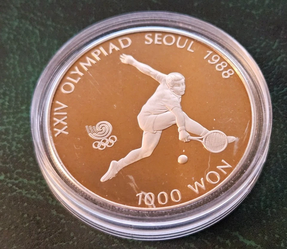 1987 South Korea 1000 Won Coin PROOF 1988 Seoul Olympics Tennis - Image 2 of 4