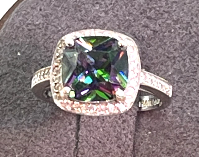 Ring  NF 925 Silver Square Mystic Topaz Surrounded by Clear CZ Crystals.  Size 6 - Image 3 of 4