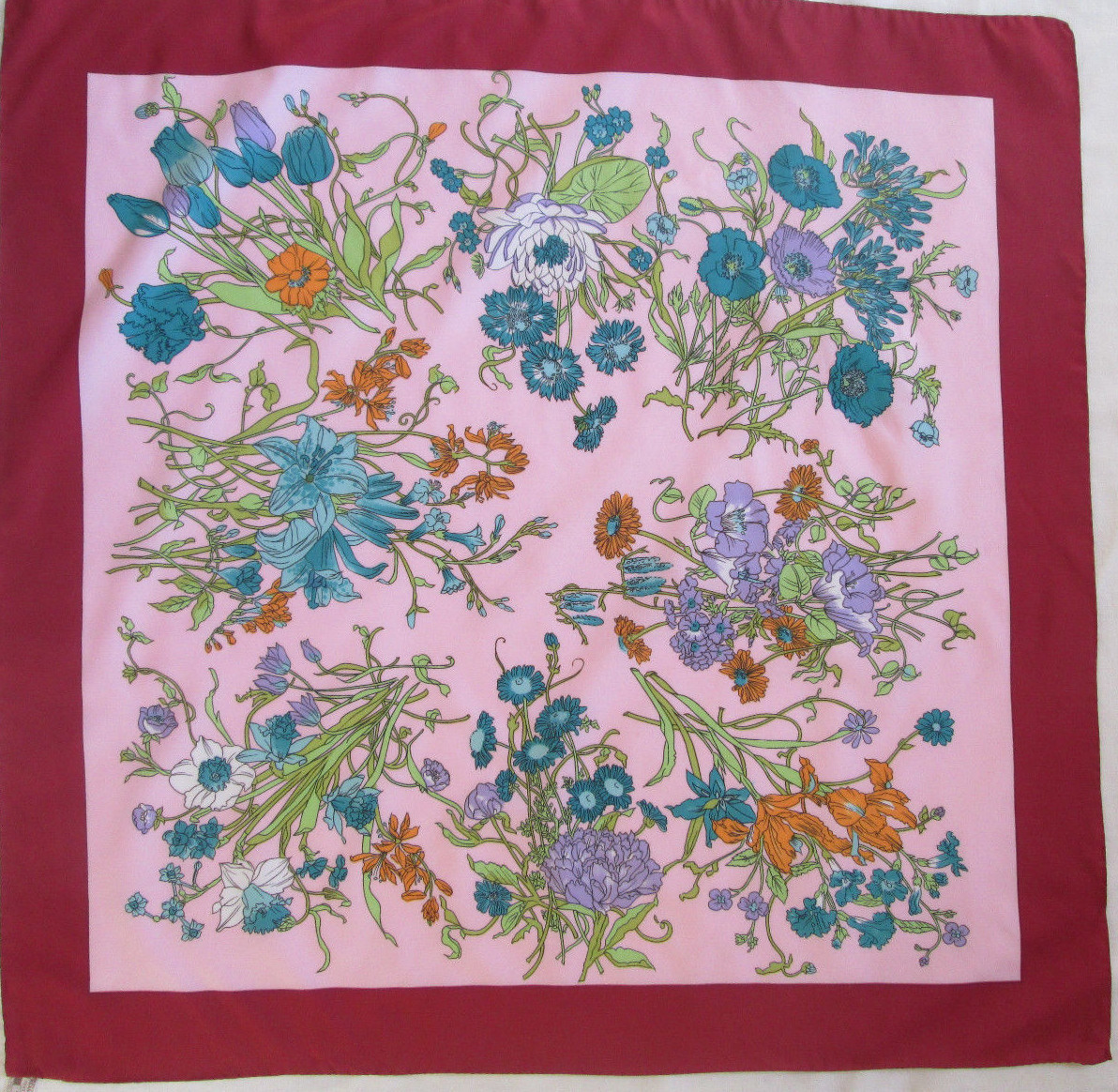 Foulard Carré En Soie Vintage - Rouge - 78x79 Cm - Occasion De Qualité
