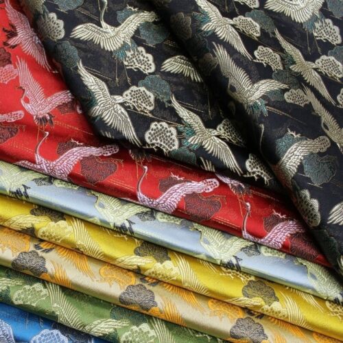 Faux Silk Satin Fabric Craft Brocade Damask Embroidery Chinese Crane 75 100cm - Picture 1 of 20